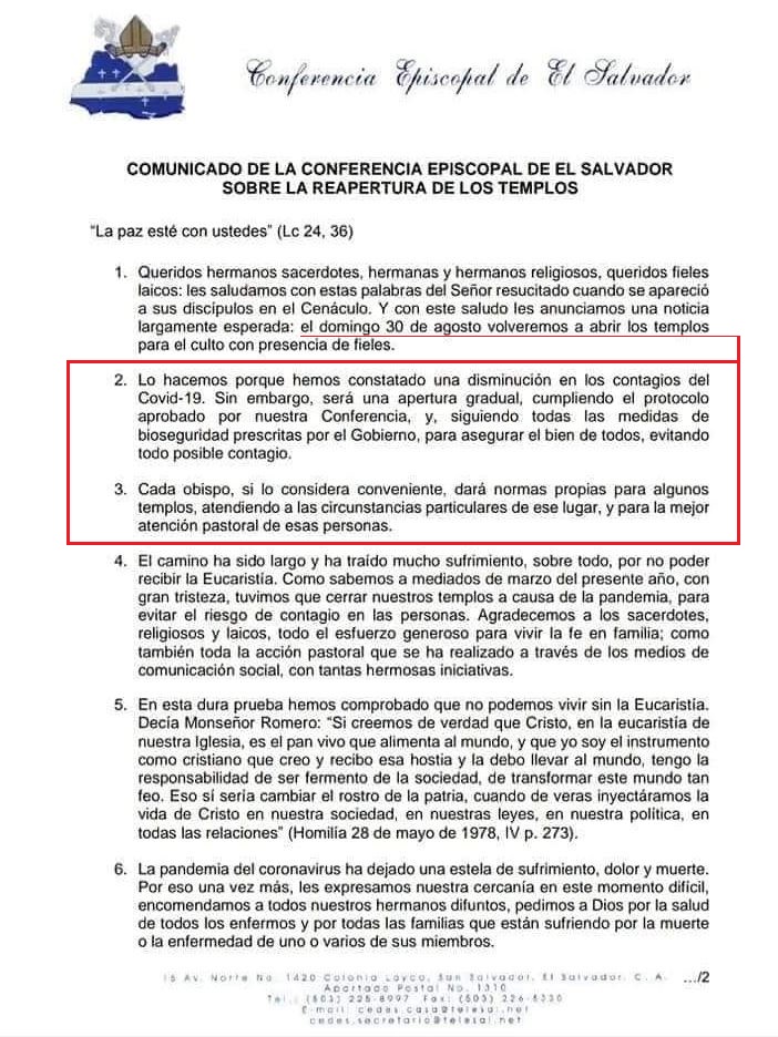 Comunicado Conferencia Episcopal de El Salvador sobre retorno a las actividades
