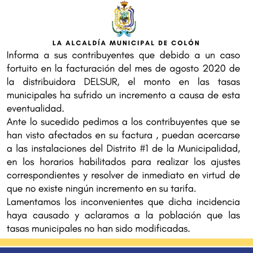 Comunicado de la alcaldía de Colón