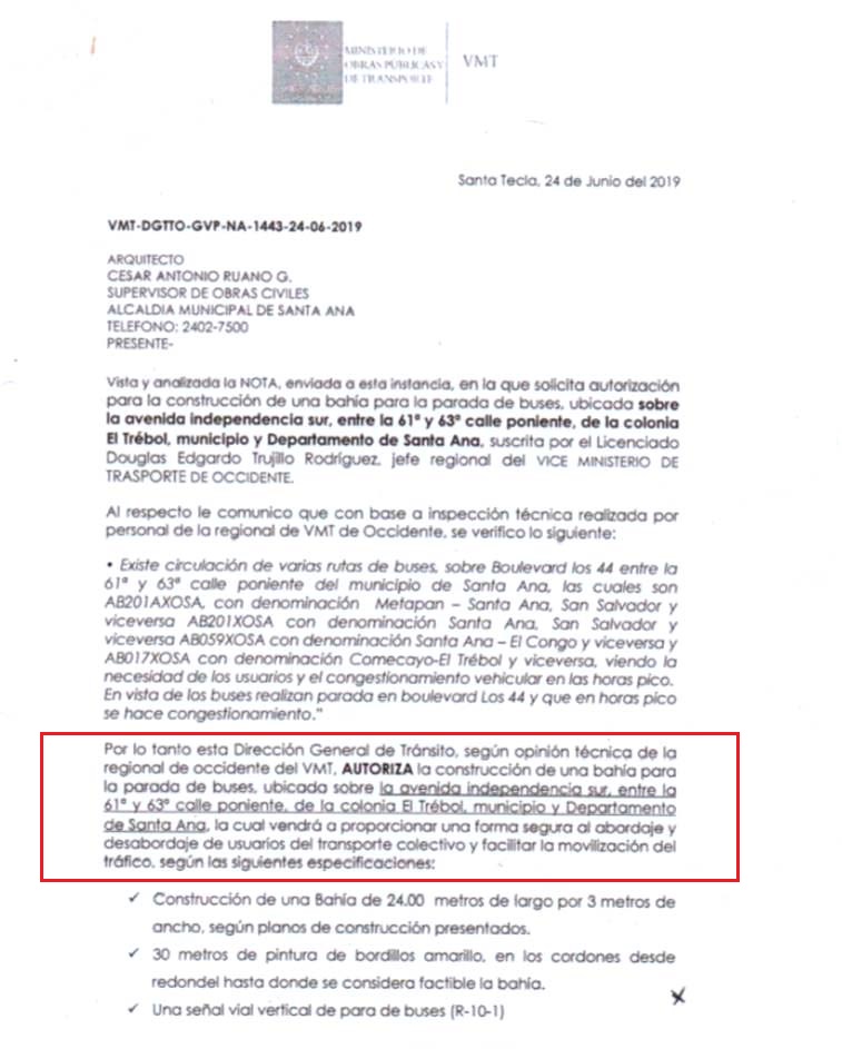 Autorización de la parada de buses en Santa Ana 1