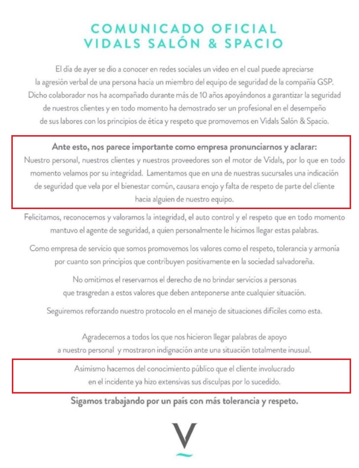 Comunicado Vidals Salón