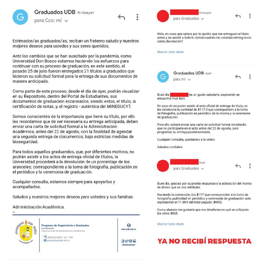 Petición de respuesta a la UDB sobre el cobro detallado del gasto de graduación