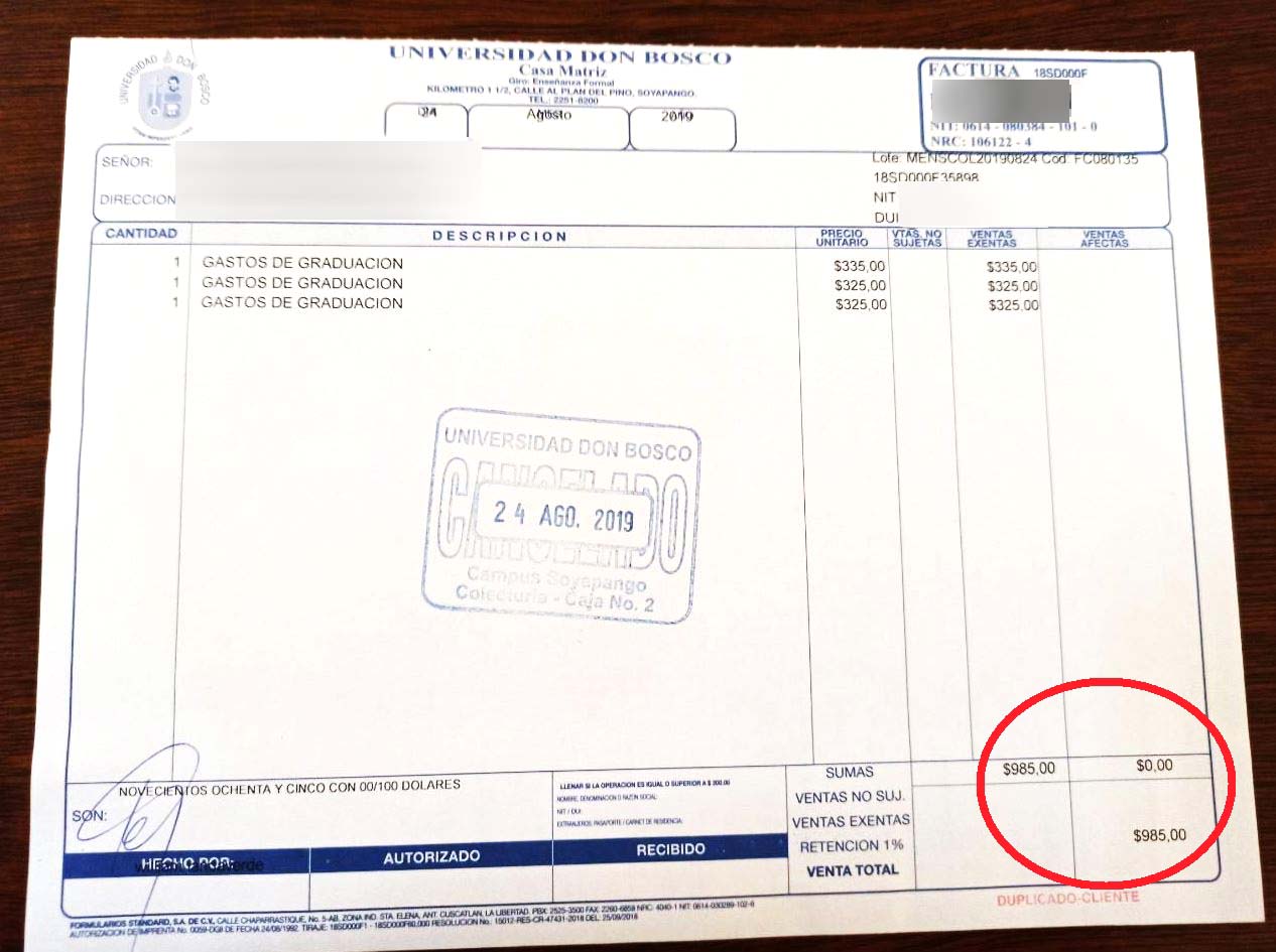 Recibo pagado a la Universidad Don Bosco por 985 dólares 1