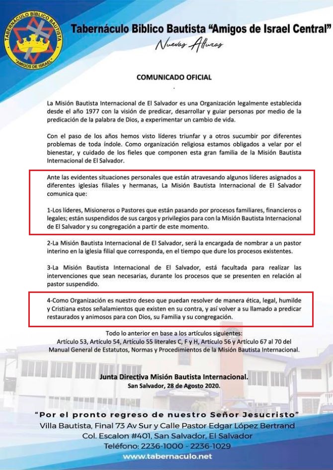 Comunicado Tabernáculo Bíblico Bautista Amidos de Israel