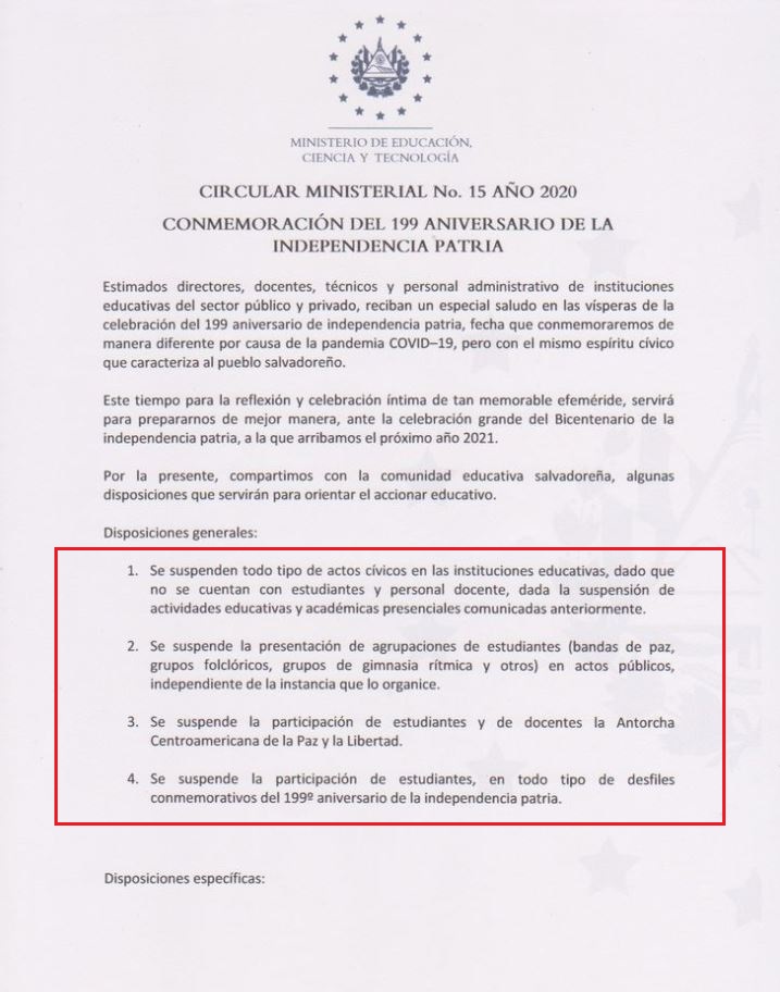 Suspención de actos cívicos por la pandemia comunicado Ministerio de Educación 1