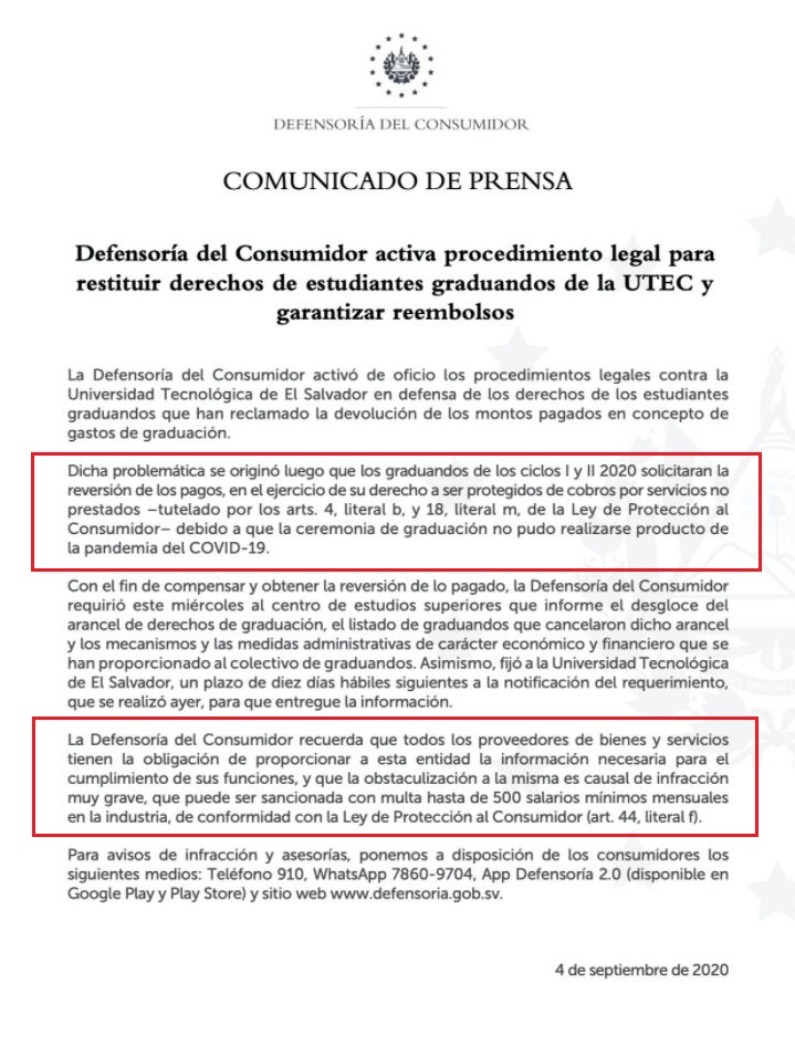 Comunicado Denfensoría del Consumir a favor de estudiantes de la Utec