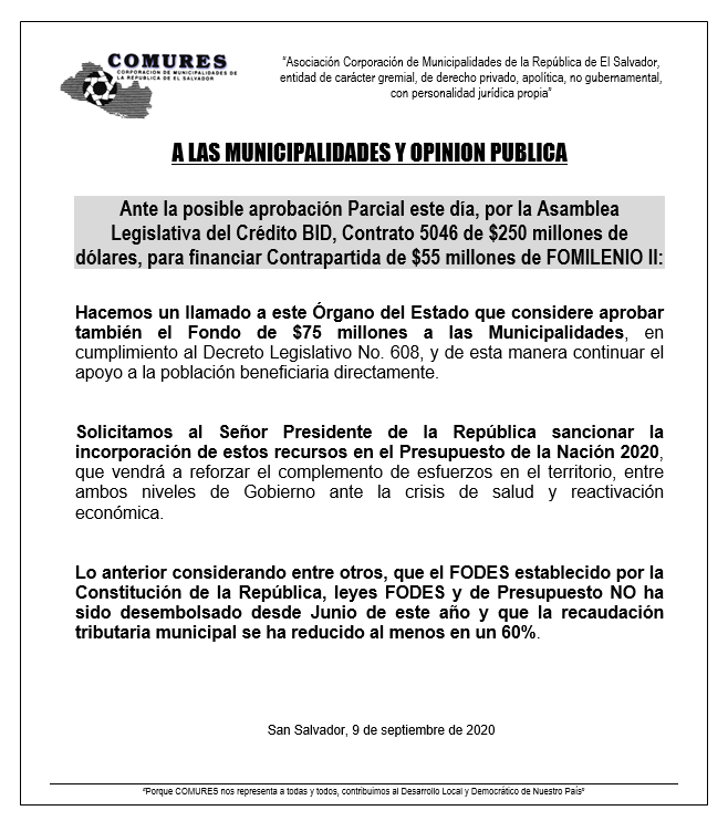 COMUNICADO 10 COMURES - COVID-19 - APROBACION PARCIAL PRESTAMO BID 250 M - 9 SEPTIEMBRE 2020