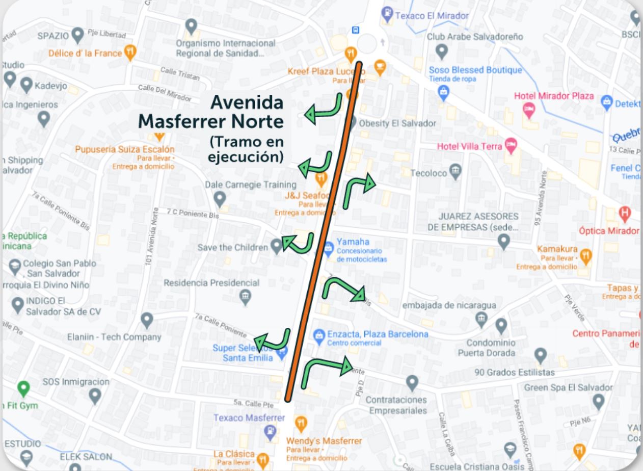 Mapa de reparación de calle en la Masferrer Norte