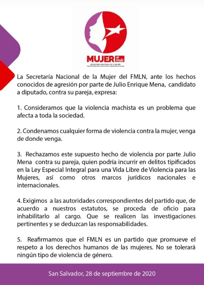 Comunicado Secretaría de la Mujer del FMLN
