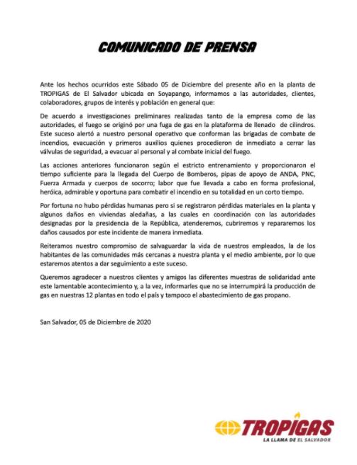 Comunicado de Tropigas