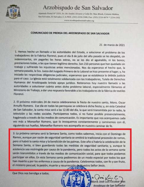 Comunicado de Arzobispado