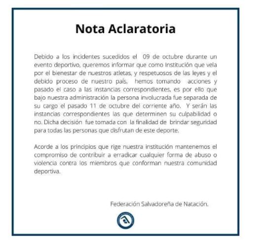 Nota aclaratoria de Natación