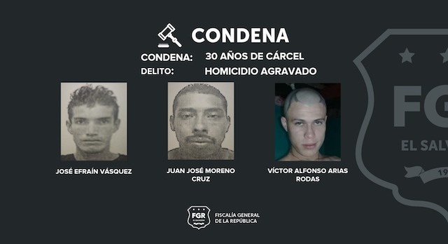 Juan José Moreno Cruz, alias cebo, Víctor Alfonso Arias Rodas, alias demonio -ambos reos presentes-, y José Efraín Vásquez, alias sereno, -ausente-, homicidio agravado, 30 años de condena