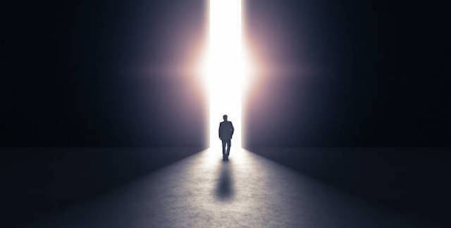 Man walking towards light concept. 3d rendering