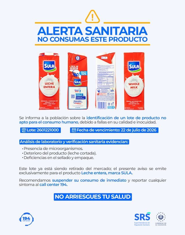 Alerta Sanitaria Leche Entera Sula